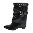 thumbnail image 6 of Dakaela Women's Fold over Boots Pointy Toe Mid Calf Cowboy Western Booties Buckles Pull on Dressy Winter Riding Shoes Black 7, 6 of 7