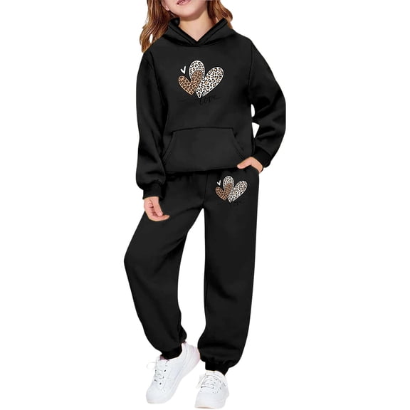 Tiijoy Girls Valentine's Day Outfits Leopard Heart Print Hoodie Sweatpants Set, Sizes 2-3