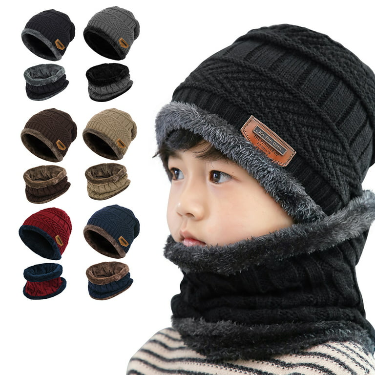 3 Sets Kids Knit Hat, Scarf, Gloves Set Warm Boys Hats Scarf and Glove Set  Girls Winter Accessories Set for Cold Weather, Black, Grey and Light Tan