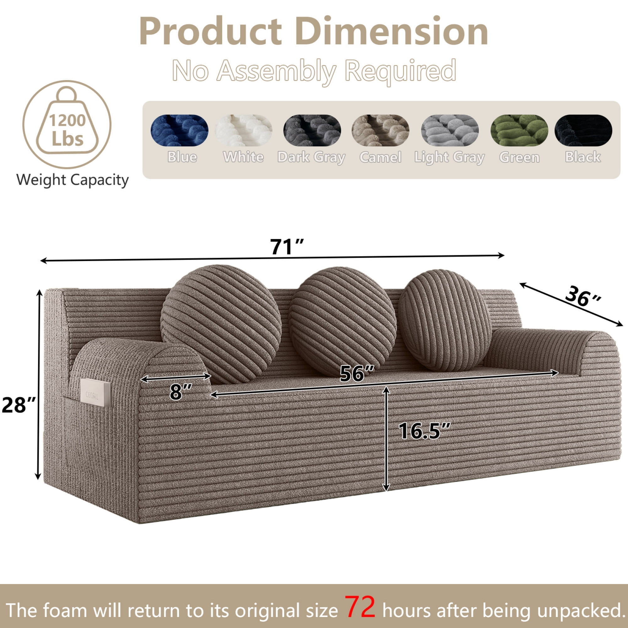 Leumius 3 Setaser Sofa,71" Corduroy Fabric Upholstered Loveseat Couch with Deep Seat for Living room,Bedroom,Apartment,No Assembly Required,Camel