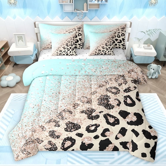 Castle Fairy Teens Gradient Cheetah Print Twin Bedding Sets 7-Piece,Blue Brown Ombre Bedding Comforter Set Microfiber,Abstract Bling Glitter Breathable Sheet Sets,Super Cozy Room Decor,Reversible