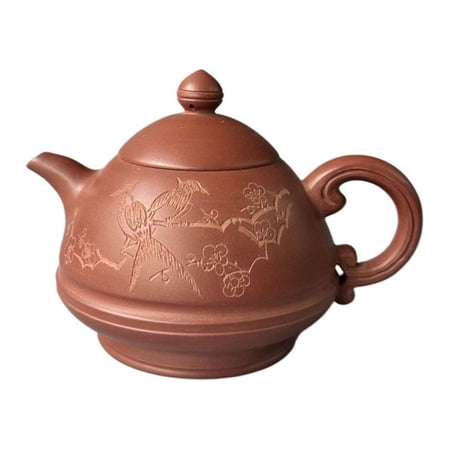 Vintage Yixing Teapot Oriental Lovely Carved Hat Shaped Jade Like Glossy Engraved Etched Incised Chiseled Floral Bird