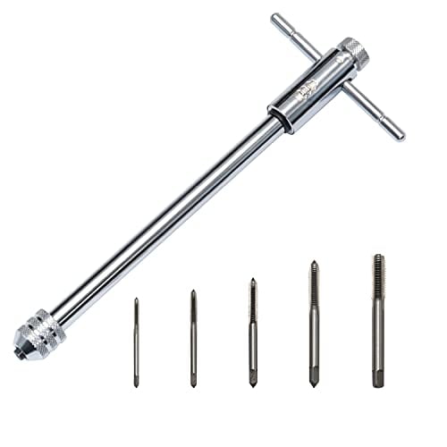 KOOTANS Adjustable T-Handle Ratchet Tap Holder Wrench + 5pcs M3 M4 M5 M6 M8 Machine Screw Thread Metric Plug T-shaped Tap, Both Way Hand Screw Tap Set Manual Tapping Tool Kit for Home Use