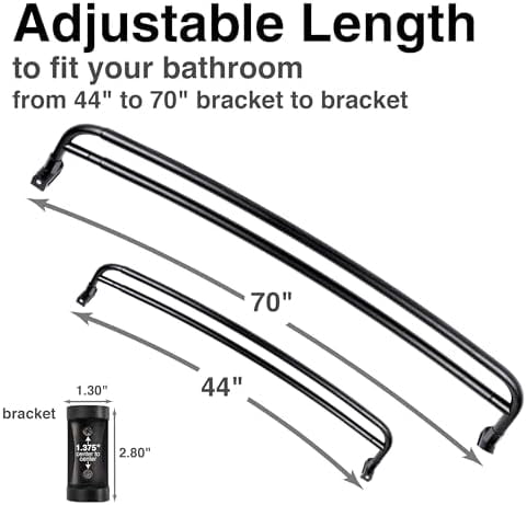 Double Curved Shower Rod, Metal Construction, Adjustable Between 44 to 70 Inches, Aluminum Rods and Zinc Mounting Hardware, Quality Modern Bathware, Black Finish