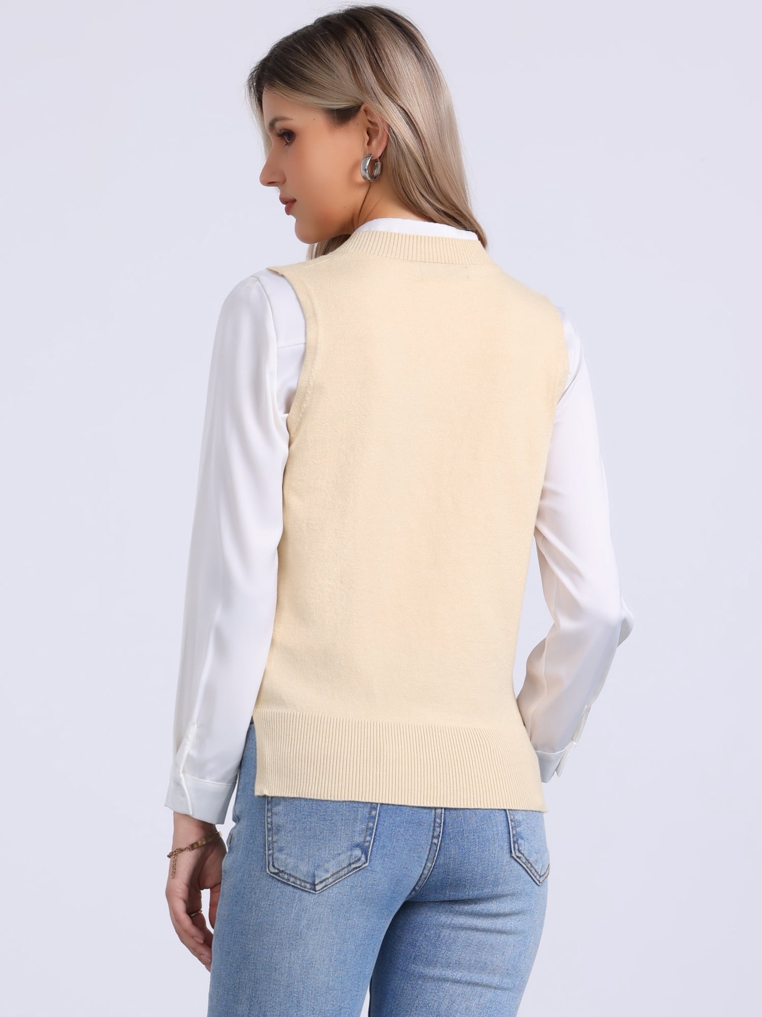 DARING DIVA Women's Vest Preppy V Neck Sleeveless Pullover Sweater XS Beige