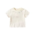 thumbnail image 2 of Kids & Little Girls Short Sleeve T-Shirt with Embroidered Bow & Ruffle Sleeve, 100% Cotton Casual Top, Beige,Size 4-5T, 2 of 9