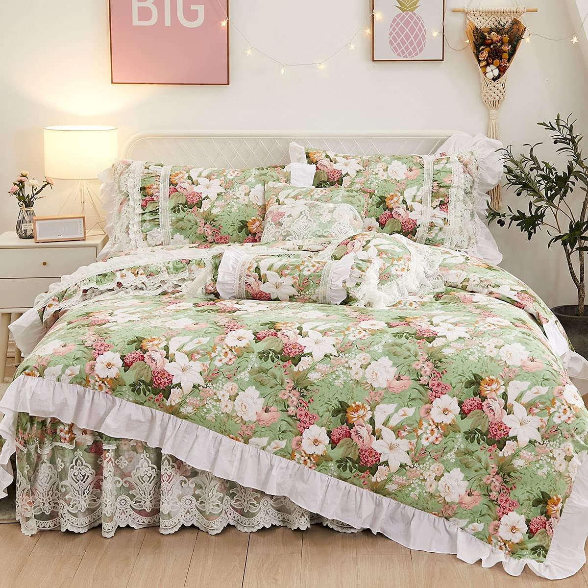 Queen FADFAY,Romantic Flower Print Bedding Set,Floral Bed Set,Princess Lace Ruffle Duvet Cover King Queen Twin,4Pcs