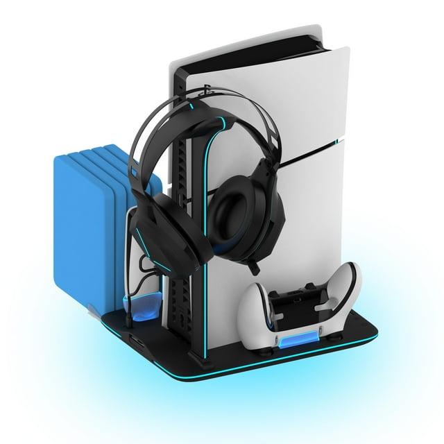 Support pour PS5 Slim avec Station de Refroidissement et Station de Recharge pour Manettes, Base Multifonctionnelle de Dissipation de Chaleur pour Hôte, Chargement de Manettes de Jeu et Support de Rangement pour Disques