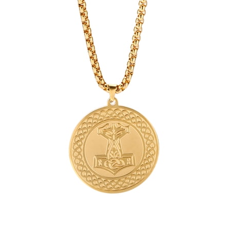 EUEAVAN Viking Thor Hammer Gold Round Pendant Necklace Irish Knot Talisman Stainless Steel Jewelry for Men