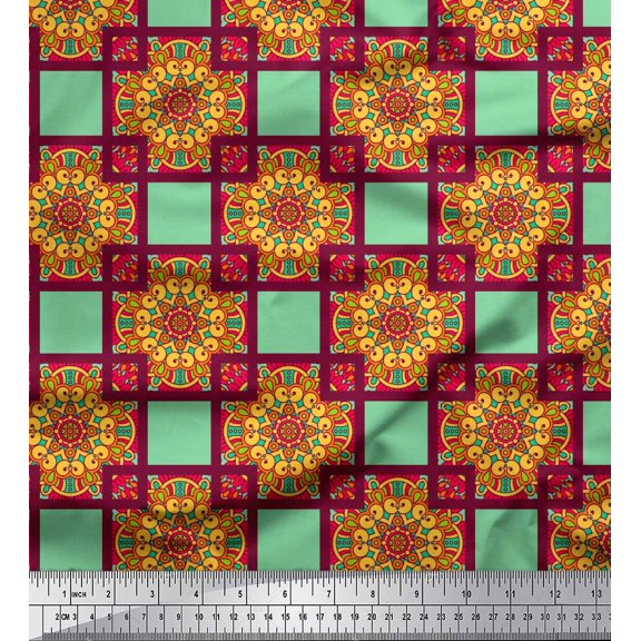 Soimoi Japan Crepe Satin Fabric Check & Mandala Decorative Fabric Prints By Yard 42 Inch Wide