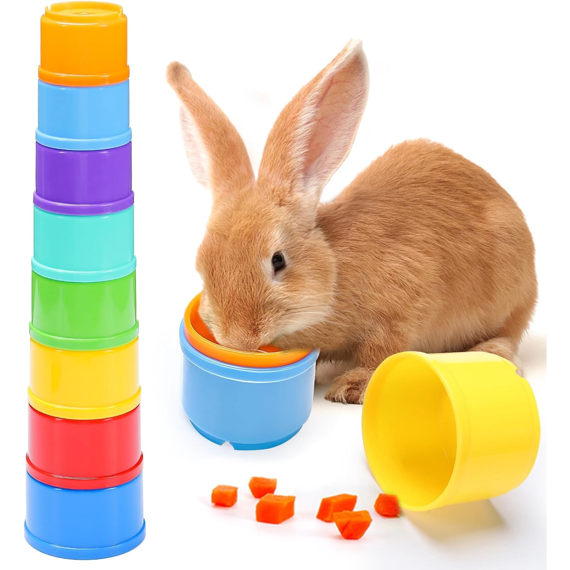 8 Pcs Stacking Cups for Rabbits - Safe Reusable Bunny Toys in Different Sizes, Durable Rainbow Colored Nesting Toys for Small Animals, Bunny Hiding Food Playing Gifts