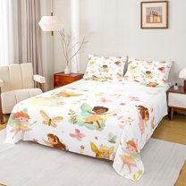 jejeloiu Black Cartoon Elf Full Size Sheets,Rustic Flower Bed Sheets,Fairy Tale Theme Sheet Sets For Girl Teens,Microfiber Bedroom Decor,4 Pieces