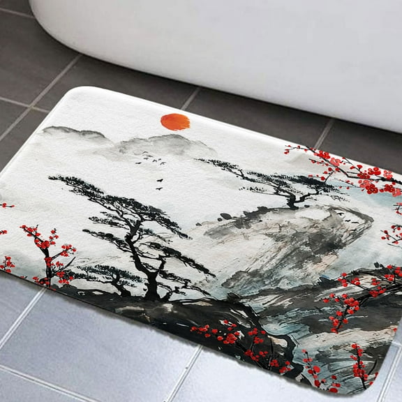 Japanese Bathroom Rugs, Cherry Blossom Bathroom Rugs, Asian Japanese Non-Slip Bath Rugs for Bathroom, Nature Landscape Bathroom Rug Mat 17x29inch, Extra Soft and Absorbent Bath Rugs