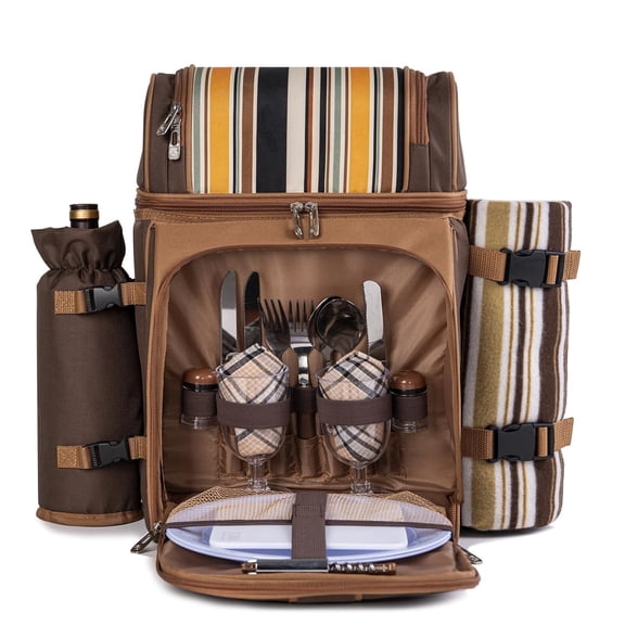 Picnic Backpack for 2 with Cooler, Detachable Wine Holder, Fleece Blanket & Utensils, Brown