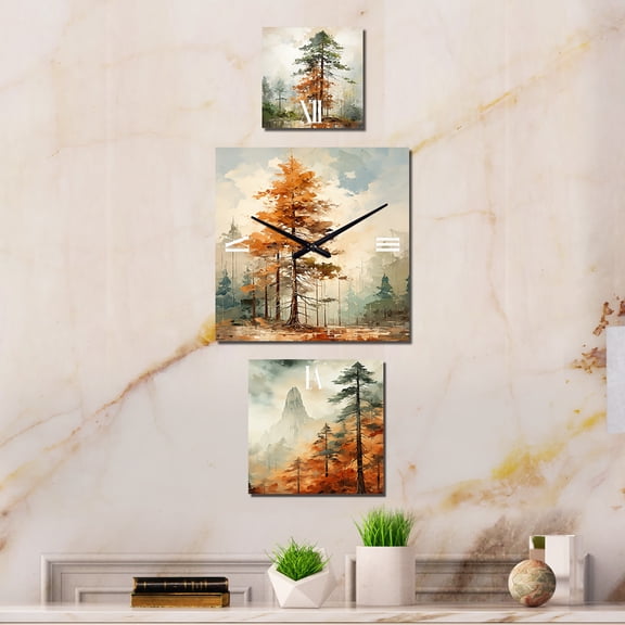 Designart "Rustic Redwood Forest" Trees Oversized Wall Clock - Set Of 3 - Extra large Traditional Clock For Office Décor - Large Vertical Clock