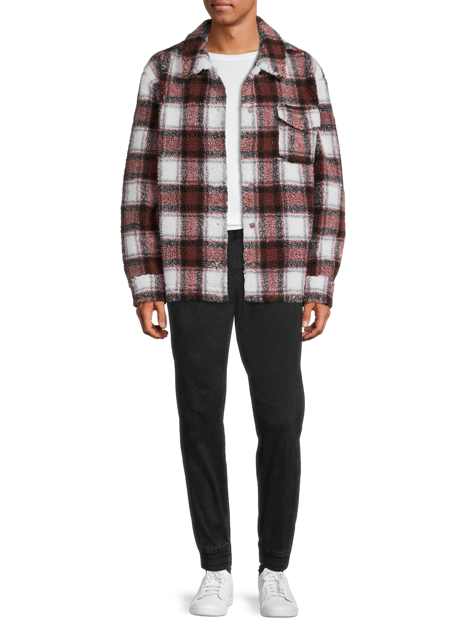 No Boundaries Men's and Big Men's Button-up Faux Sherpa Jacket, Sizes XS-3XL