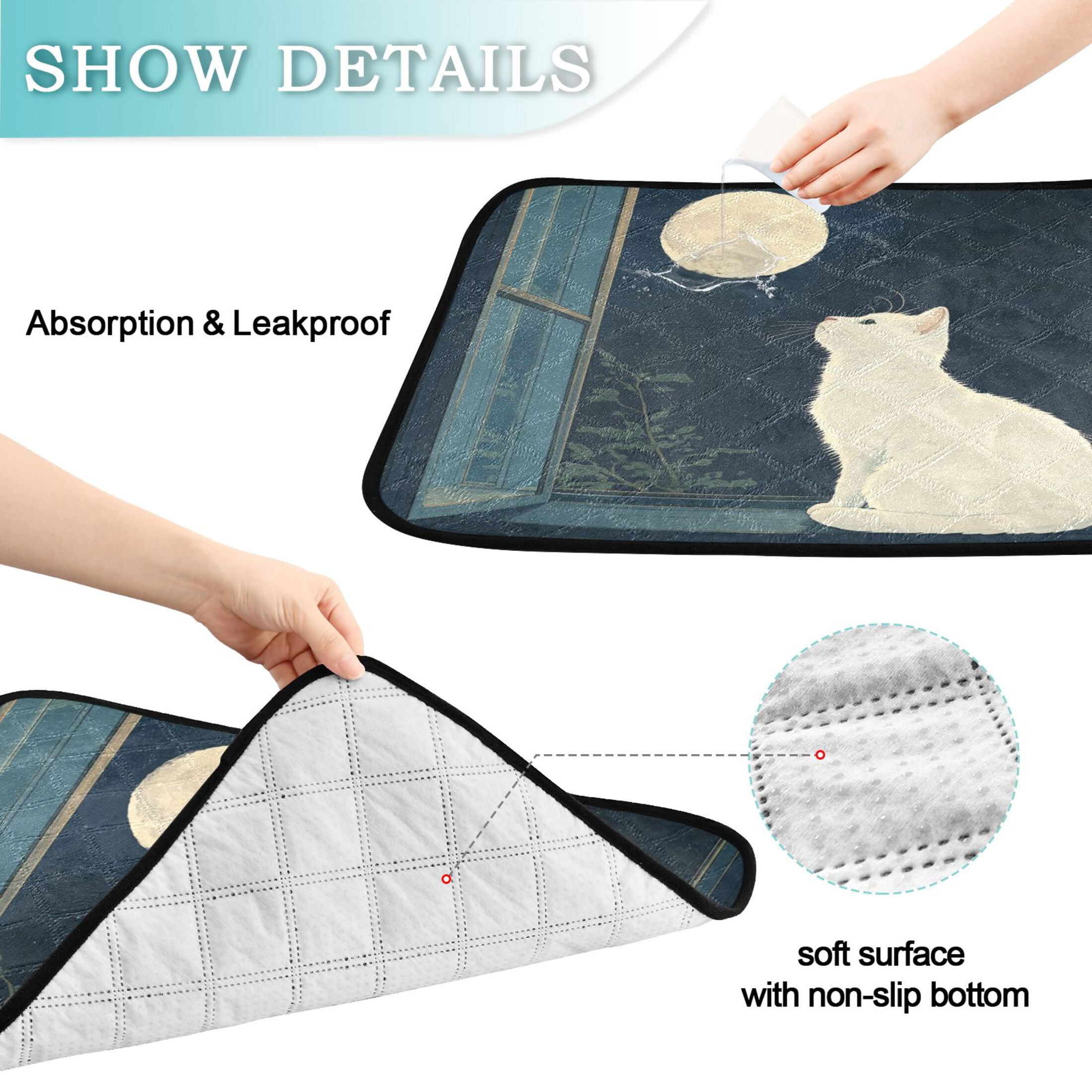 Qxltty White Cat Enjoying The Moon Cat litter Pads Pet Set of 2 Diaper Mats Center Anti-leakage Layer Absorbent Soft and Comfortable