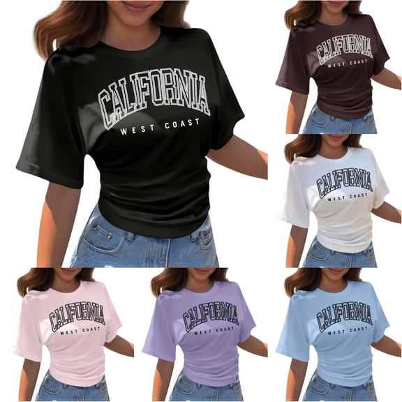 Trendfront Womens California Graphic T Shirt Letter Print Varsity College Style Crewneck Short Sleeve Tee Retro Casual Streetwear Summer Tops