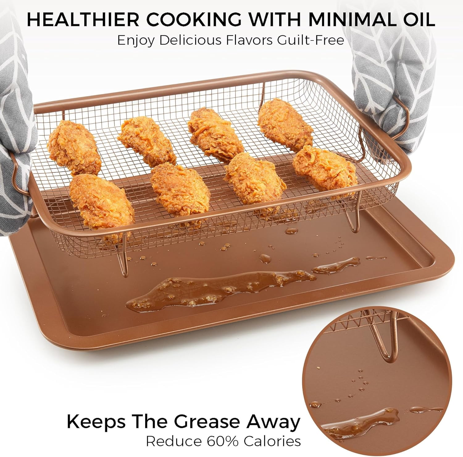 Air Fryer Basket for Oven,12.8" x 9.6" Oven Air Fryer Basket and Tray Set,Dishwasher Safe,Small Air Fryer Tray and Pans for Oven,Brown