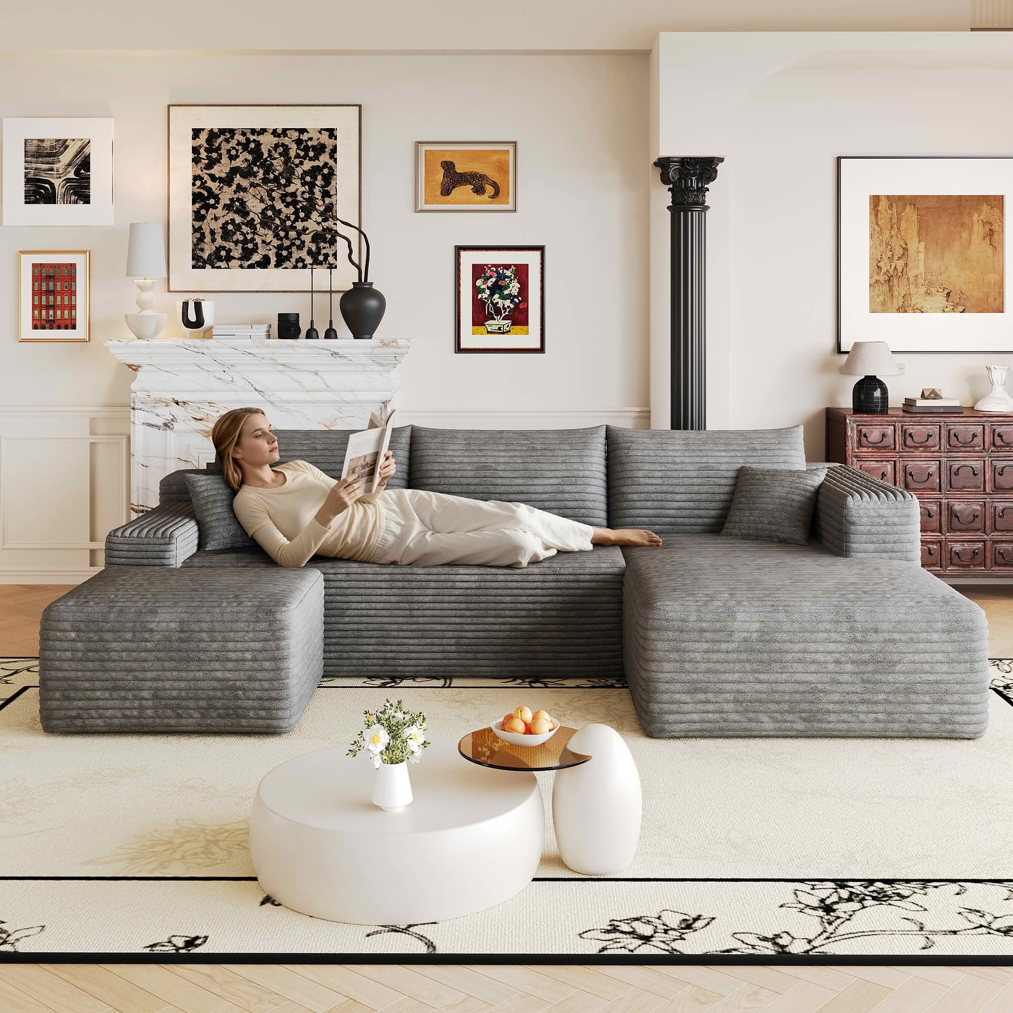 MAYEERTY 103 Inch Cloud L Shaped Sectional Sofa, Plush Corduroy Deep Seat Corner Couch, No Assembly Modern Minimalist Sofa for Living Room Apartment