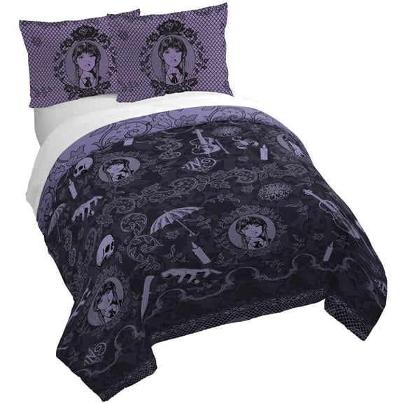 Jay Franco Kids Duvet Cover Set with Sham & Pillowcase – Ultra-Soft Linen Feel Bedding for Room Decor, Cover ONLY Comforter NOT Included, Purple - Wednesday, 3 Piece Queen