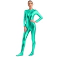 thumbnail image 3 of YONGHS Women's Shiny Holographic Unitard Zentai Jumpsuit Mock Neck Zipper Front Bodysuits Catsuits Green XL, 3 of 7