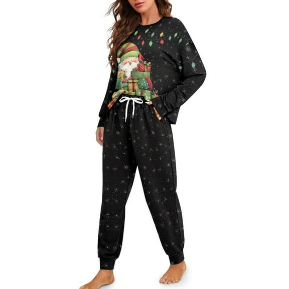 Tutolipy Christmas Pajamas for Women Santa Claus Printed Sleepwear Crewneck Loungewear with Pockets Snowflake Printed Pjs Set for Home, 2XL