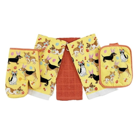 

Spring Easter Kitchen Dish Towels Pot Holder Oven Mitt Set 5c: Cute Garden Gnome Ready for The Egg Hunt!