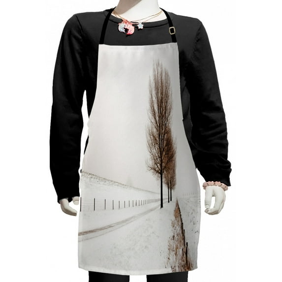 Rustic Kids Apron, Row of Large and Bare Beech Trees in Snow Covered Winter Frozen Photography Art, Boys Girls Apron Bib with Adjustable Ties for Cooking Baking Painting, White Brown, by Ambesonne