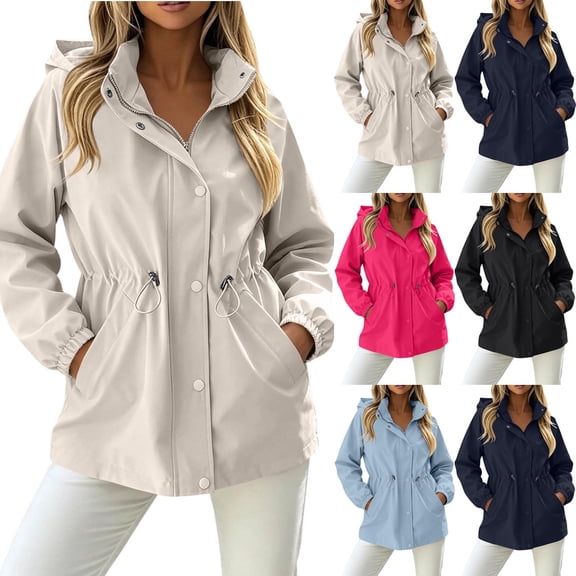 Jsaierl Women's Water Resistant Hooded Anorak Jacket Snap Button Drawstring Waist Windproof Lightweight Outdoor Rain Coat