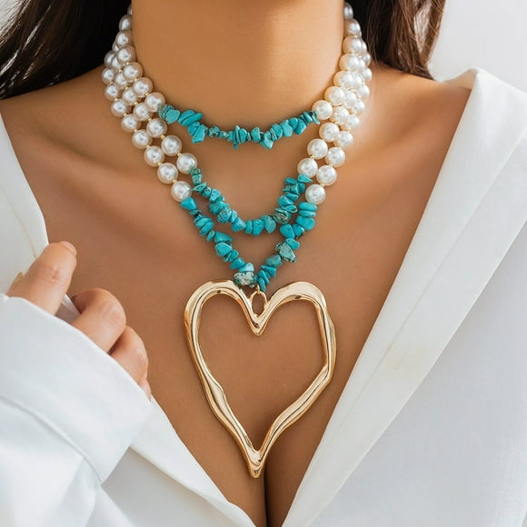 Fankiway Long Heart-Shaped Pendant Necklace with Vintage Love Turquoise Necklace