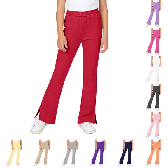 SGMVNU Girls Flared Pants Side Slit Bell Bottom Workout Pants Casual Trousers with Pockets Fall Clothes, Size 9-10 Years, Red