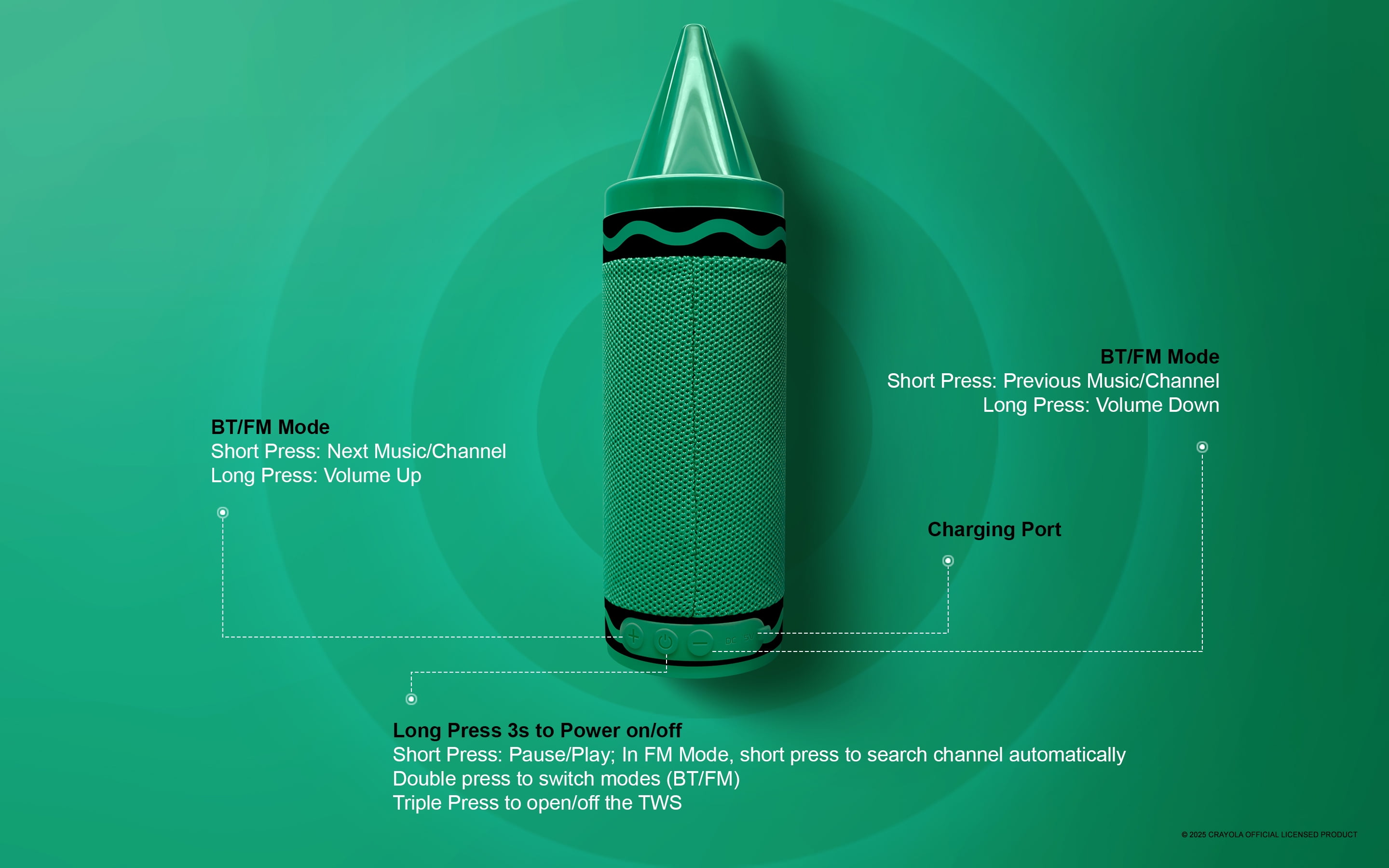 Crayola Kids Crayon Bluetooth Wireless Portable Speaker 20W PEAK Power HD Sound; Long Lasting Battery;1500mAh Battery All Day Playtime, TWS Pairing, BT 5.3, FM Radio Home/Party/Outdoor/Travel/Camping