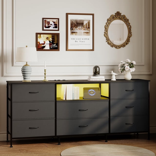 AKDSteel 63" Tv Stand With 8 Fabric Drawers And Led Lighting, Steel Frame Media Console For 65-75 Inch Tvs