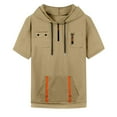 thumbnail image 2 of Men's Summer Short Sleeve Hooded Sweatshirt with Zipper Pocket, Oversized Casual Pullover for Sports, Warm Weather,Khaki,2XL, 2 of 6