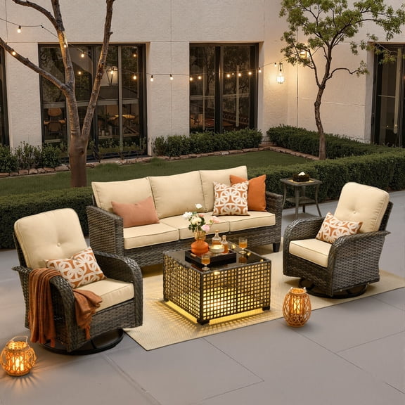 ODELIO 5‑Piece All‑Weather Wicker Patio Furniture Set, Outdoor Conversation Set with 360° Swivel Rocking Chairs & LED Lighted Coffee Table, Beige Cushions for Backyard Porch Garden