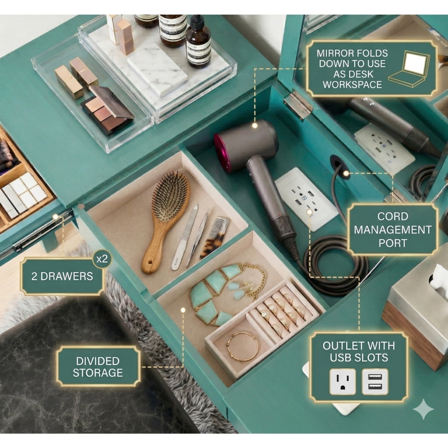Posh Pollen Amy Wood Portable Power Outlet Writing Desk, Turquoise Finish