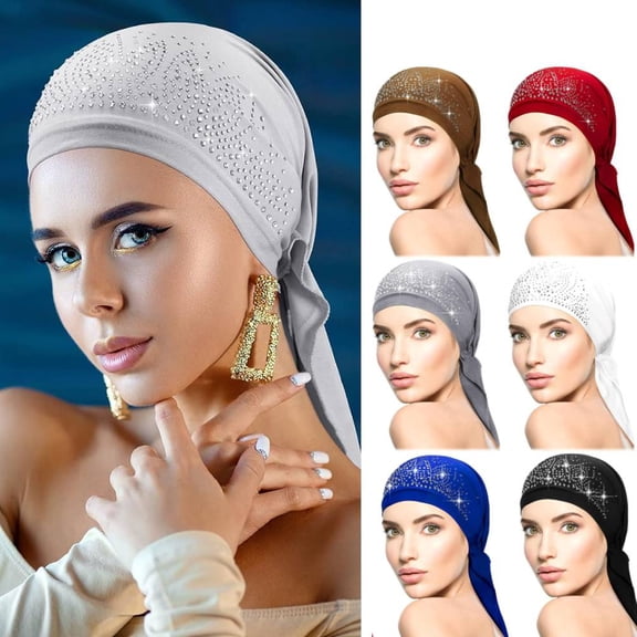 6 Packs Rhinestone Head Scarf Stretchy Head Wrap Women Bandana Beanie Pre Tied Durag Turban Cap Skull Cap Headbands