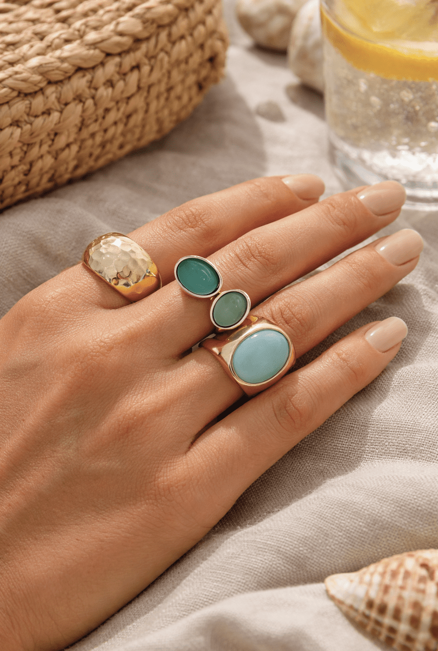 Time and Tru Multicolor Cabochon Chunky Rings for Female Adults and Teens, 3 Pack