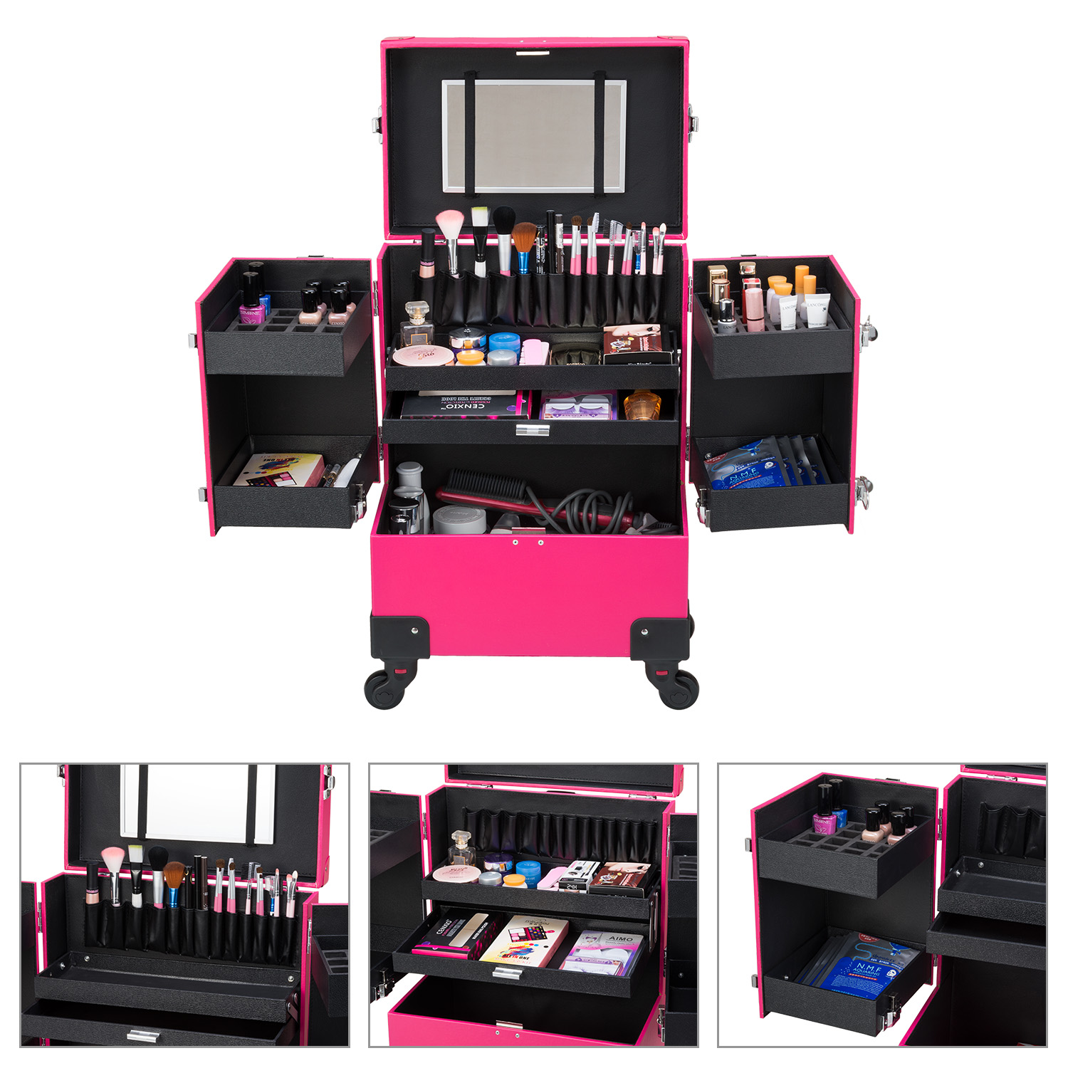 Ollieroo Rolling Wheels Makeup Train Case Lockable PU Artist Makeup Cosmetic Train Case,Rose-Pink - image 4 of 9