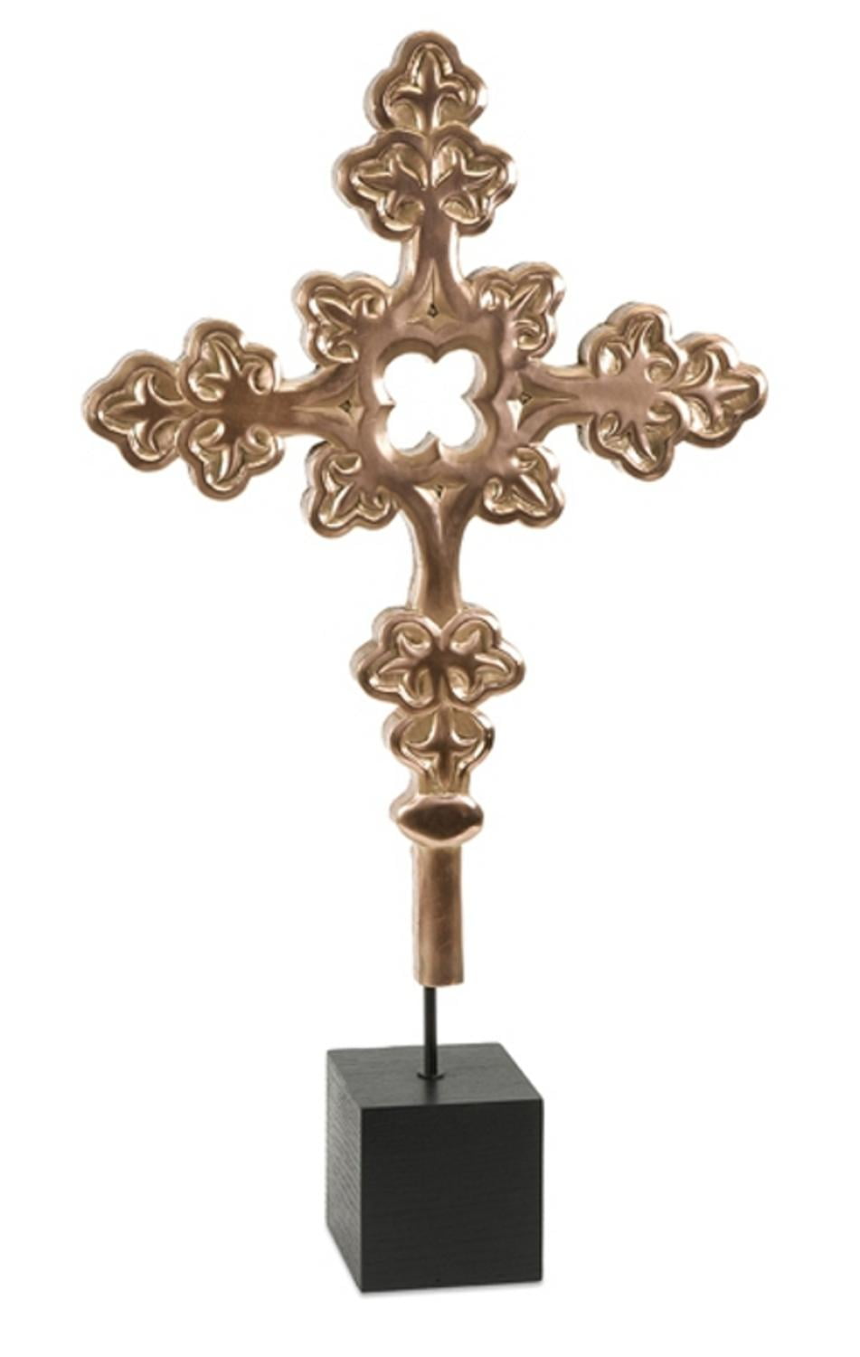 36" Small Ornate Holy Religious Copper Table Top Cross on Black Stand