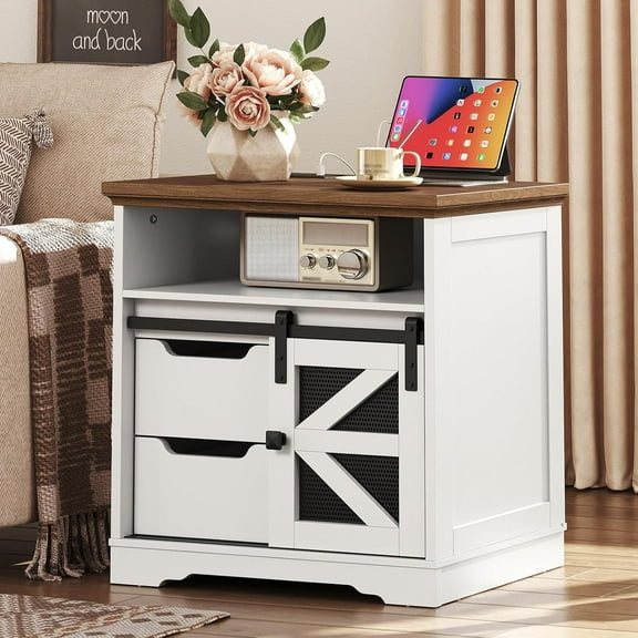 RALGEND Farmhouse End Table with Charging Station, Sofa Side Table with 2 Drawers and Barn Door, Rustic Wooden Nightstand Bedside Table for Bedroom, Living Room,White and Walnut