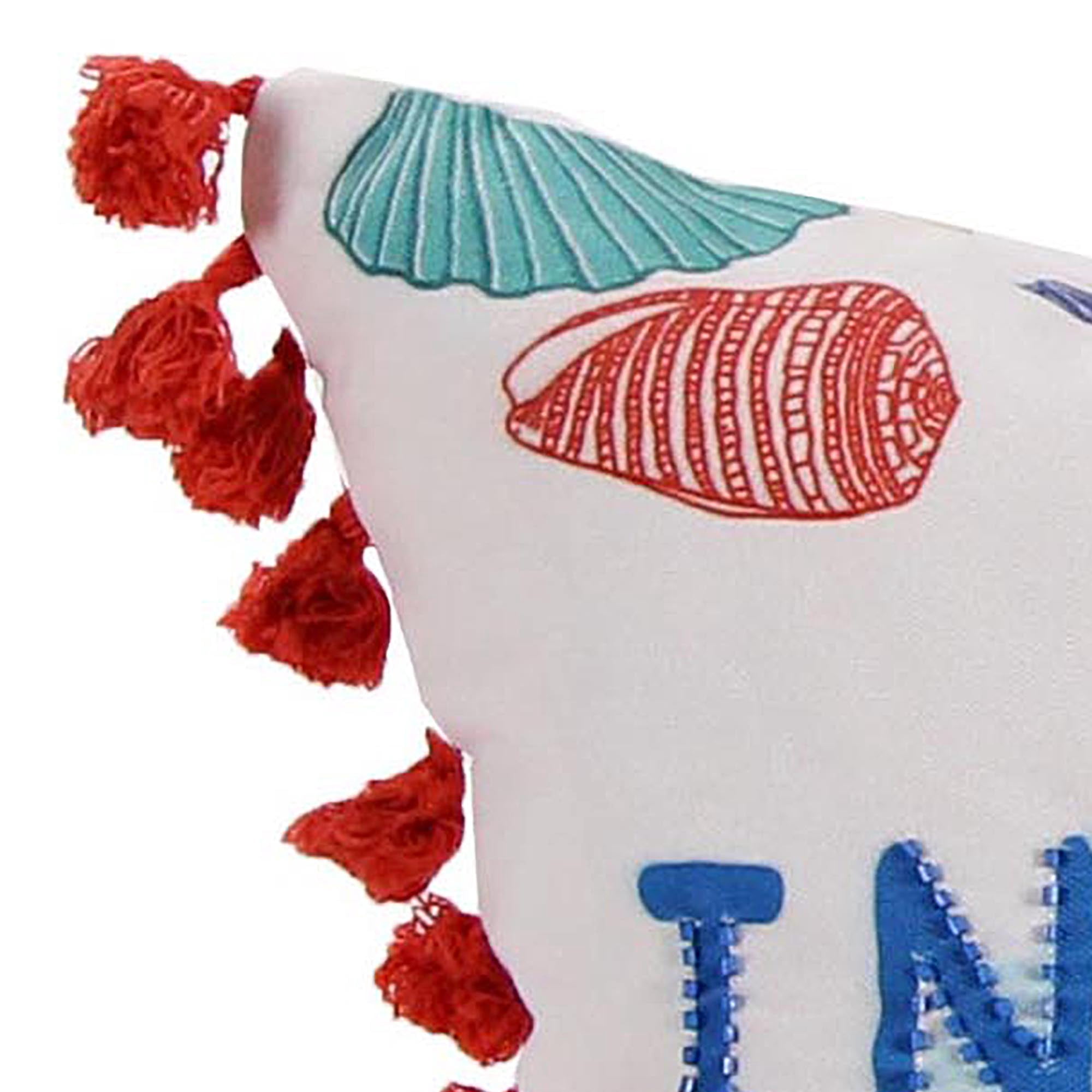 Jordan Manufacturing 20" x 16" Red, White and Blue Vitamin Sea Nautical Rectangular Reversible Lumbar Throw Pillow with Beads and Tassels