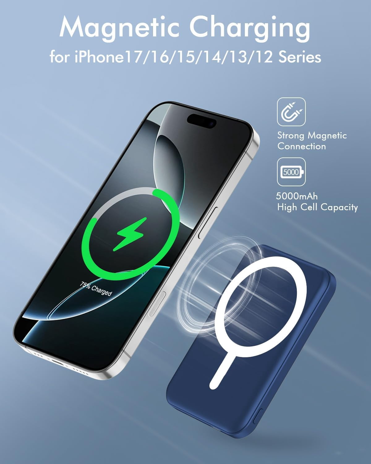 General for Magsafe Battery Pack, 5000mAh Magnetic Power Bank with Type-C Cable 20W PD Fast Charging Lighting Input Wireless Portable Charger for iPhone 17/16/15/14/13/12/ All Series-Dark Blue