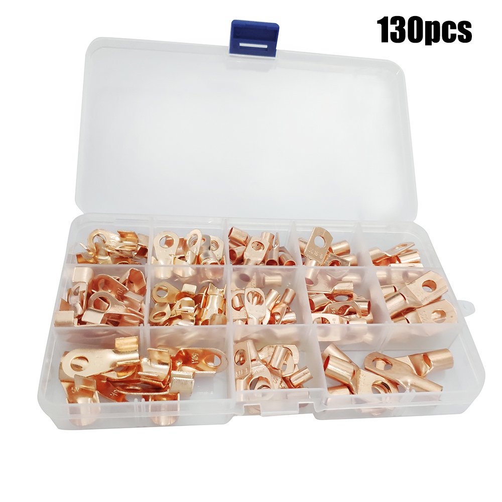 130Pcs/Box Copper Cable Lugs Heavy Duty Wire Lugs Terminal Connectors