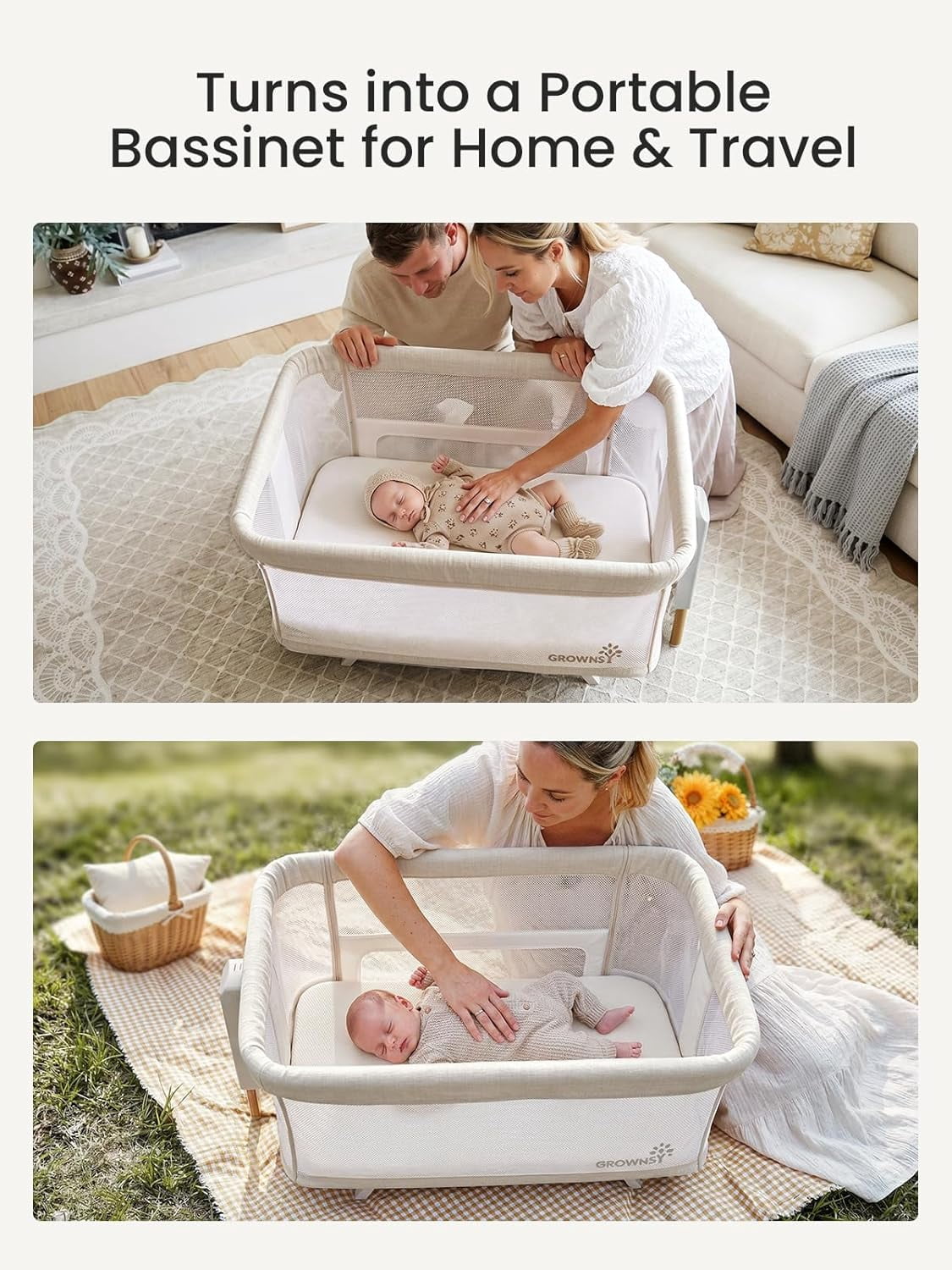 GROWNSY Baby Bassinet Bedside Sleeper with Gentle Rocking Mode, 6 Adjustable Heights, Full Breathable Mesh, Convertible to Portable Crib, Bassinets with Mattress & Wheels, Beige