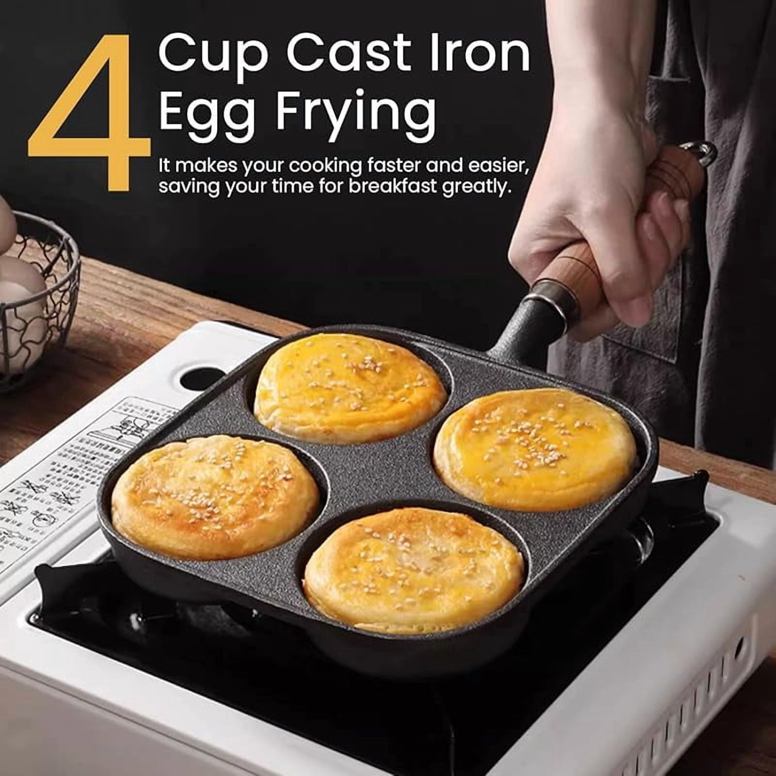 4 Cup Cast Iron Egg Frying Pan,Household Cast Iron Fried Egg Pan with Wooden Handle,Egg Burger Omelette Pot Pancake Pot Cooker Griddle,Breakfast Non-Stick Skillet for Egg,Kitchen Cooking Tool (Black)