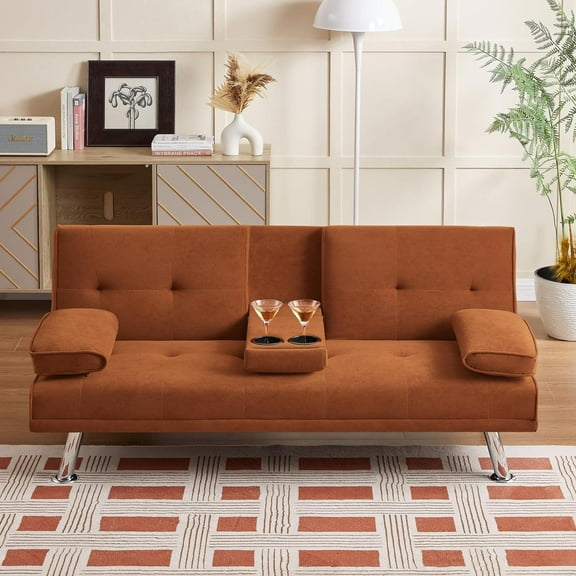 Hbaid Futon Sofa Bed Modern Folding Futon Set Convertible Recliner Lounge for Living Room with 2 Cup Holders, Removable Armrests (Velvet, Orange)