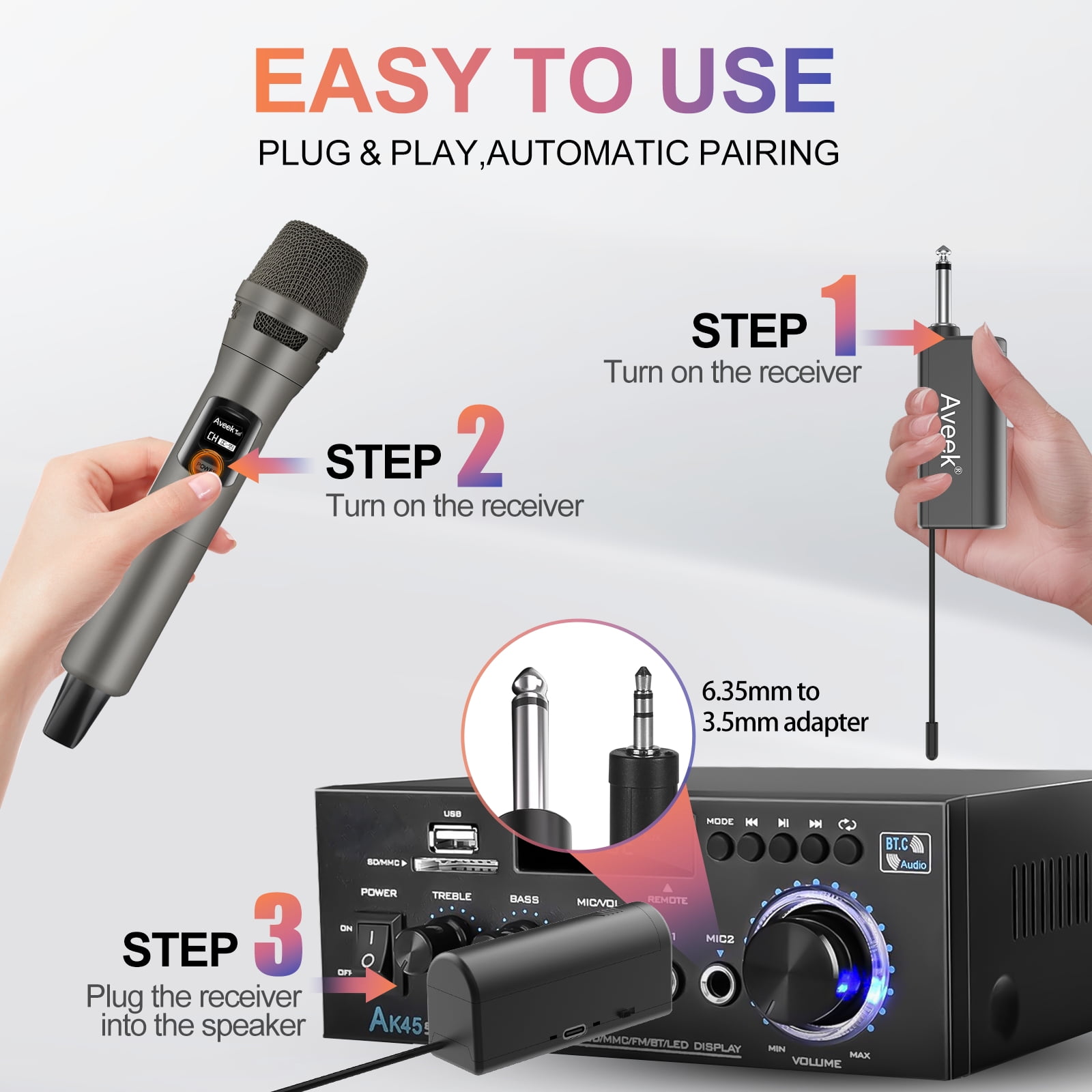 Aveek 4 pack Wireless Microphone, Plug & Play Karaoke Mic for Singing, Parties, Weddings, Events - Compatible with Speakers & Amplifiers