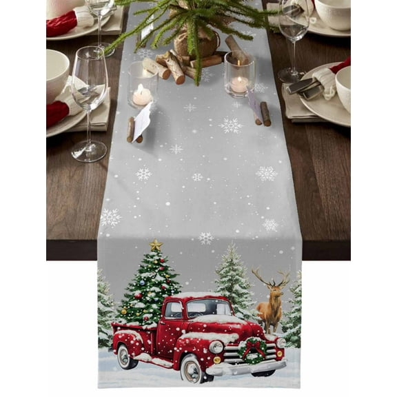 Christmas Truck Dresser Scarf Farmhouse, Dining Table Decorations for Wedding/Parties, Winter Snowflakes Xmas Tree Deer Grey Table Runner 120 Inches Long for Kitchen Dining, 13 x 120 In